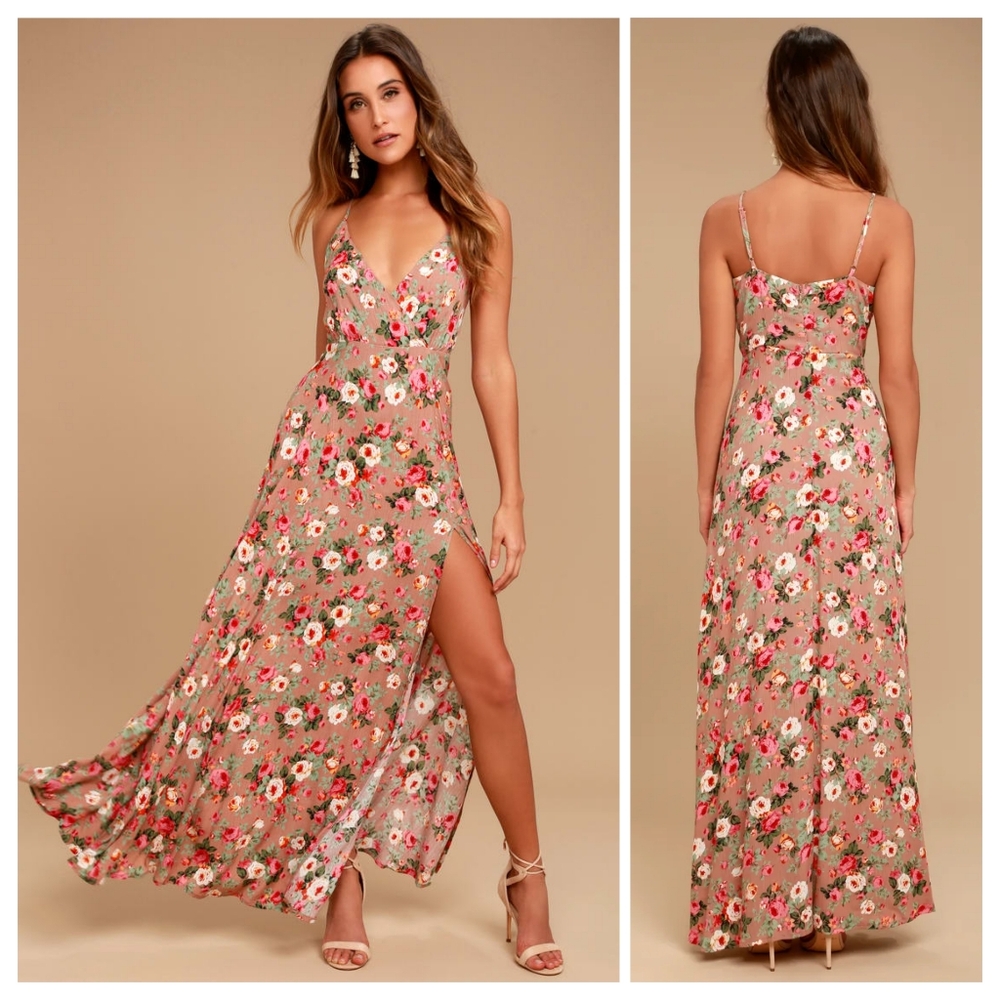 NWT Lulu's Everlasting Bliss Blush Floral Print Maxi Dress